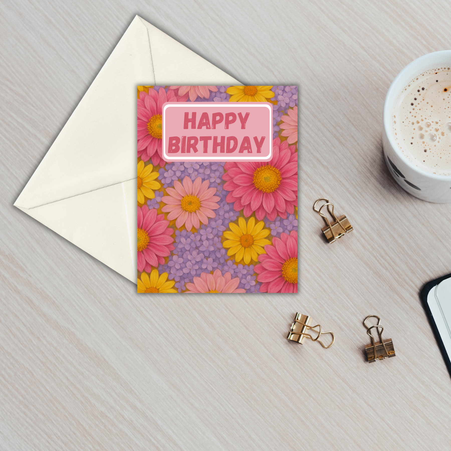 Birthday Card- Purple with Pink Flowers